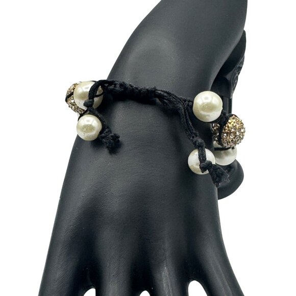 Elegant Adjustable Pearl & Rhinestone Bracelet With Black Cord - Picture 3 of 4